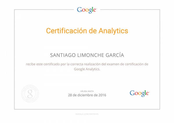 Certificado de Google Analytics de Santiago Limonche